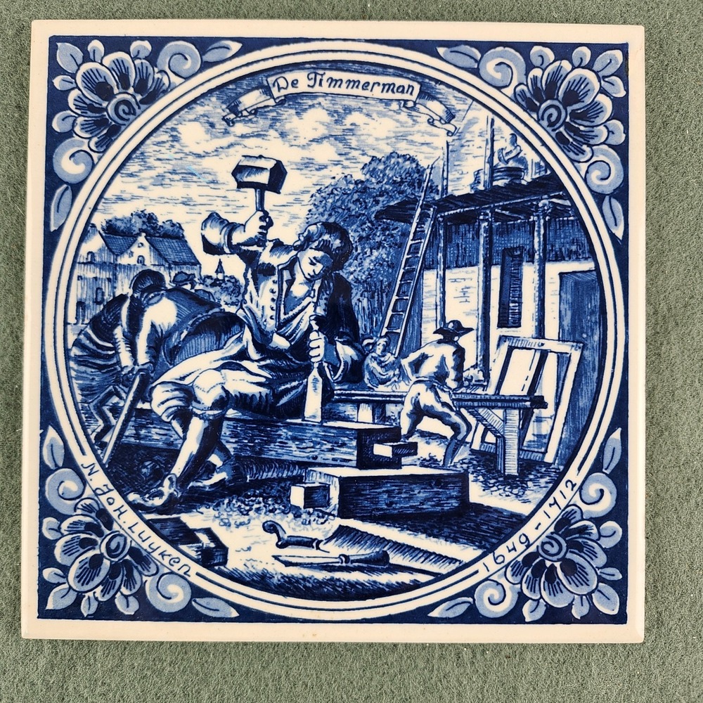 Blue Delft‎ Holland Ceramic Transfer Appliques Timmerman 6" Tile N. Joh. Luyken